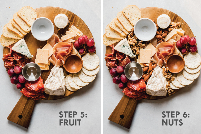 Adding red grapes, walnuts, and almonds to a cheese board. Grey text overlay says \'step 5: fruit, step 6: nuts.\'