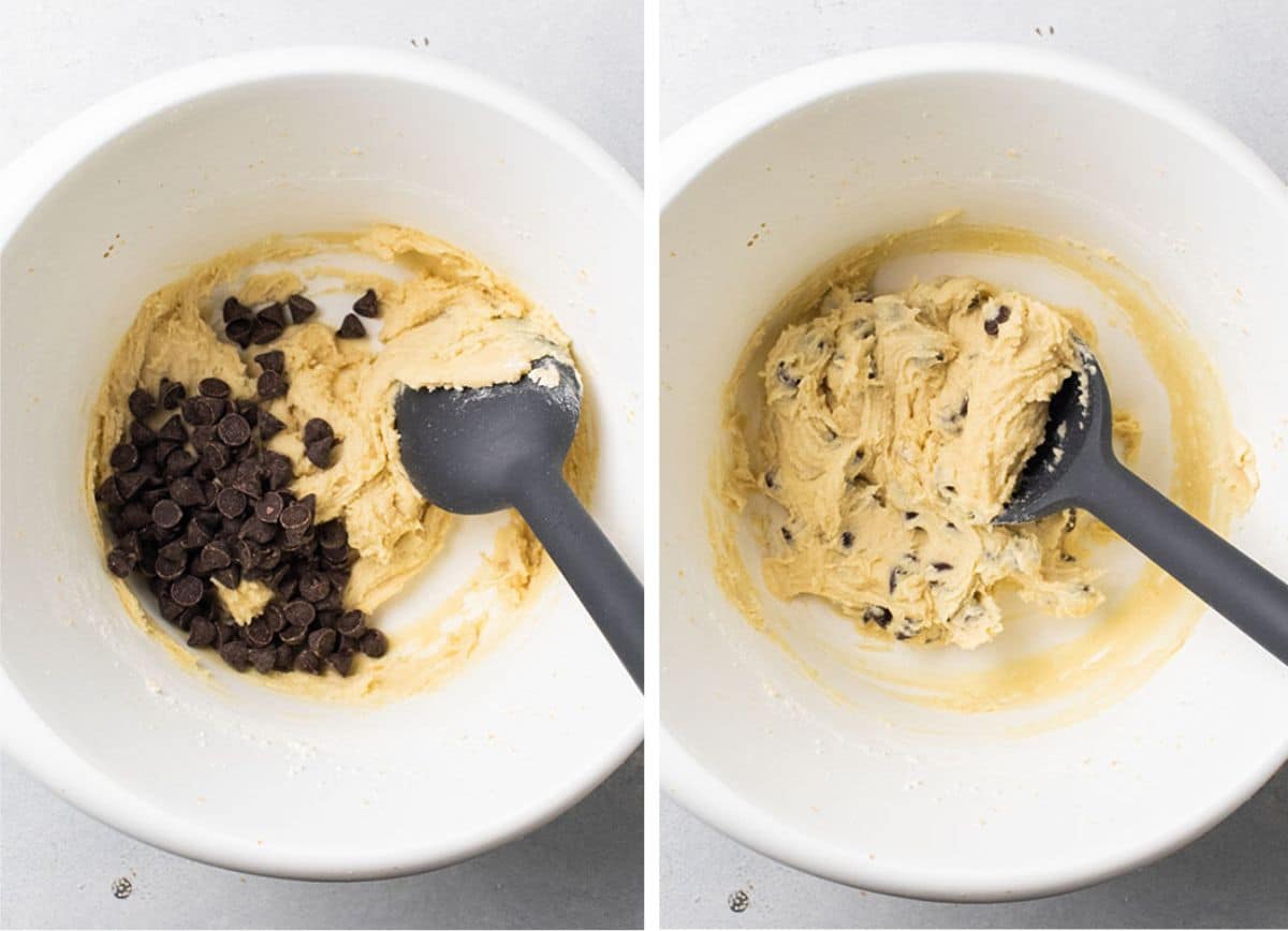 Chocolate chips and cookie dough in a large white mixing bowl.