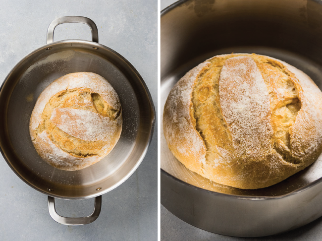 Crusty french bread in a stainless steel stockpot.