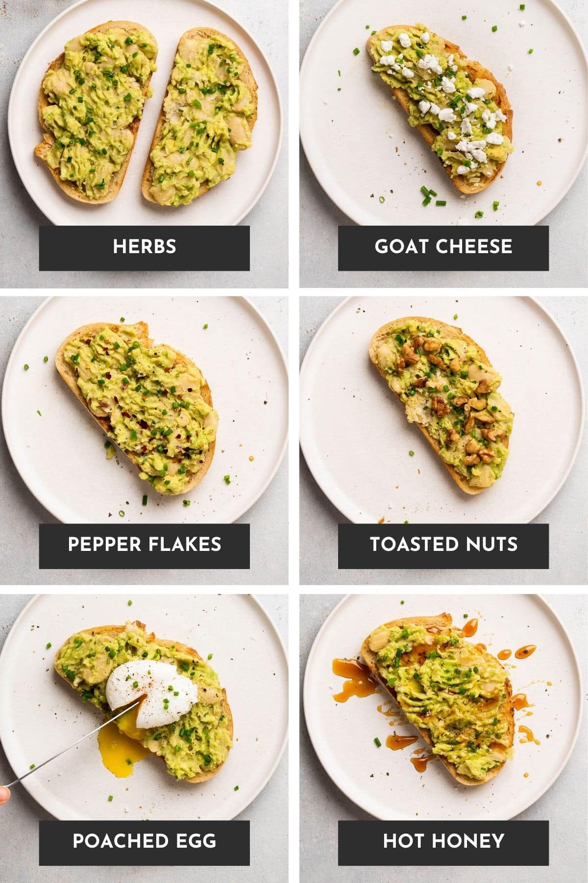 Six slices of avocado toast, all with different toppings.