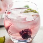 Blackberry vodka tonic in a round glass with fresh blackberries.