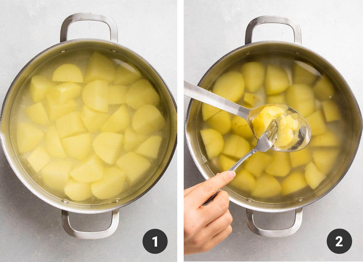 Boiling potatoes until fork tender.