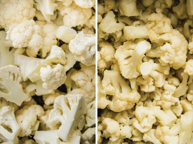 Close up of cooked cauliflower florets.