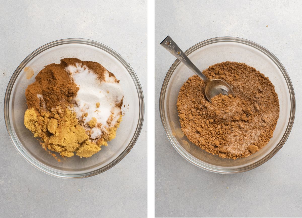 Cinnamon, sugar, and brown sugar in a small mixing bowl.