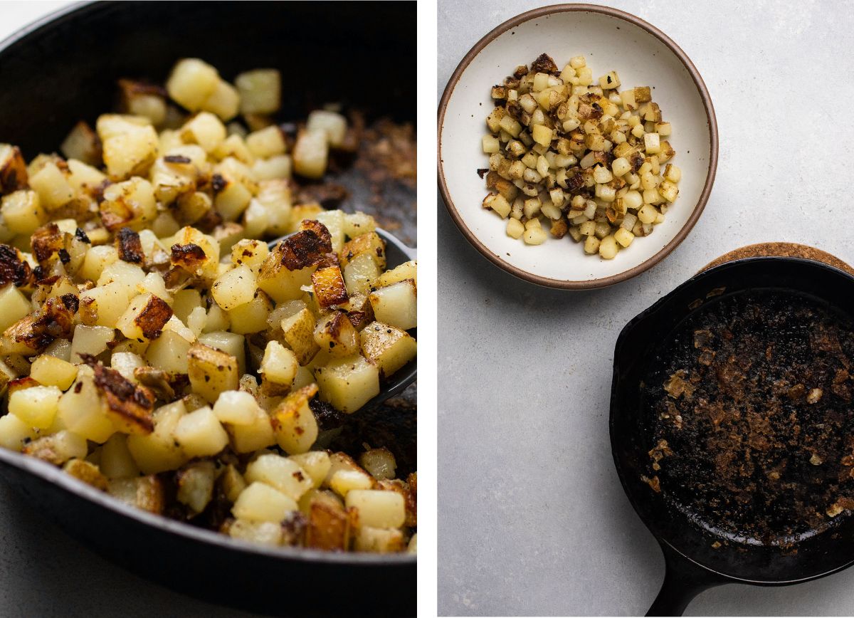 Removing cooked potatoes to a separate bowl.