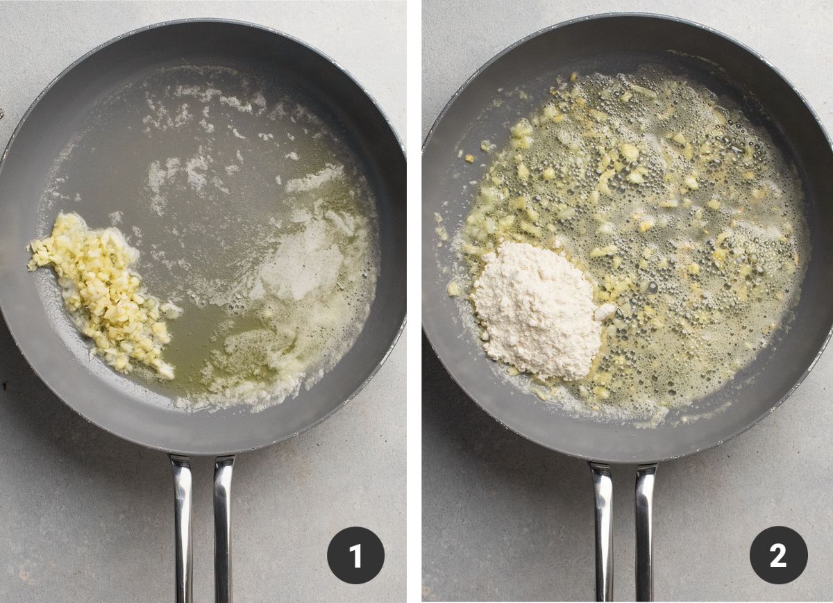 Cooking garlic in melted butter, then adding flour to form a roux.