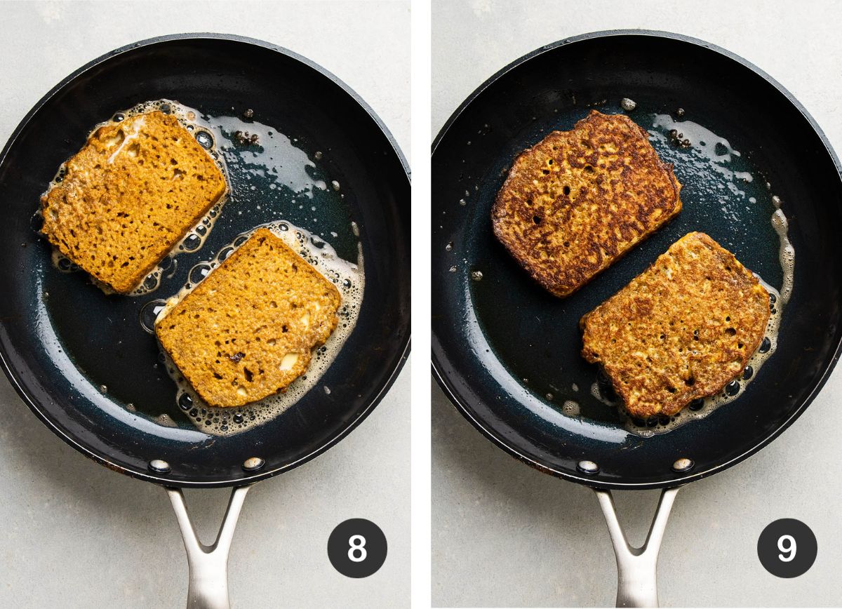 Cooking french toast in a hot skillet.
