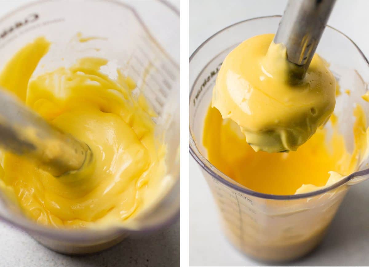 Blending hollandaise with an immersion blender.