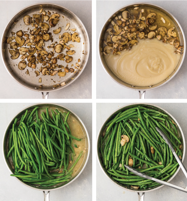 Mushrooms, cauliflower purée, and green beans being stirred together in a large saucepan.