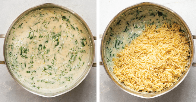 Pot of spinach cream sauce next to a pot of cooked orzo pasta.