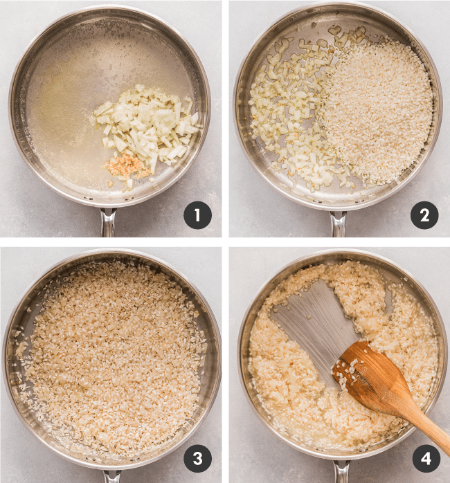 Wooden spoon stirring risotto in a large saucepan as it cooks.