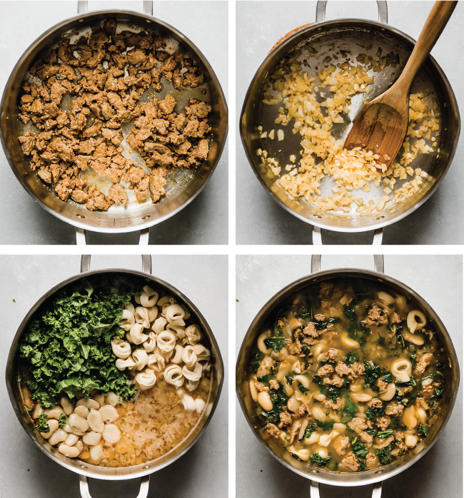 Chicken stock, tortellini, beans, and kale being stirred together in a large pot.