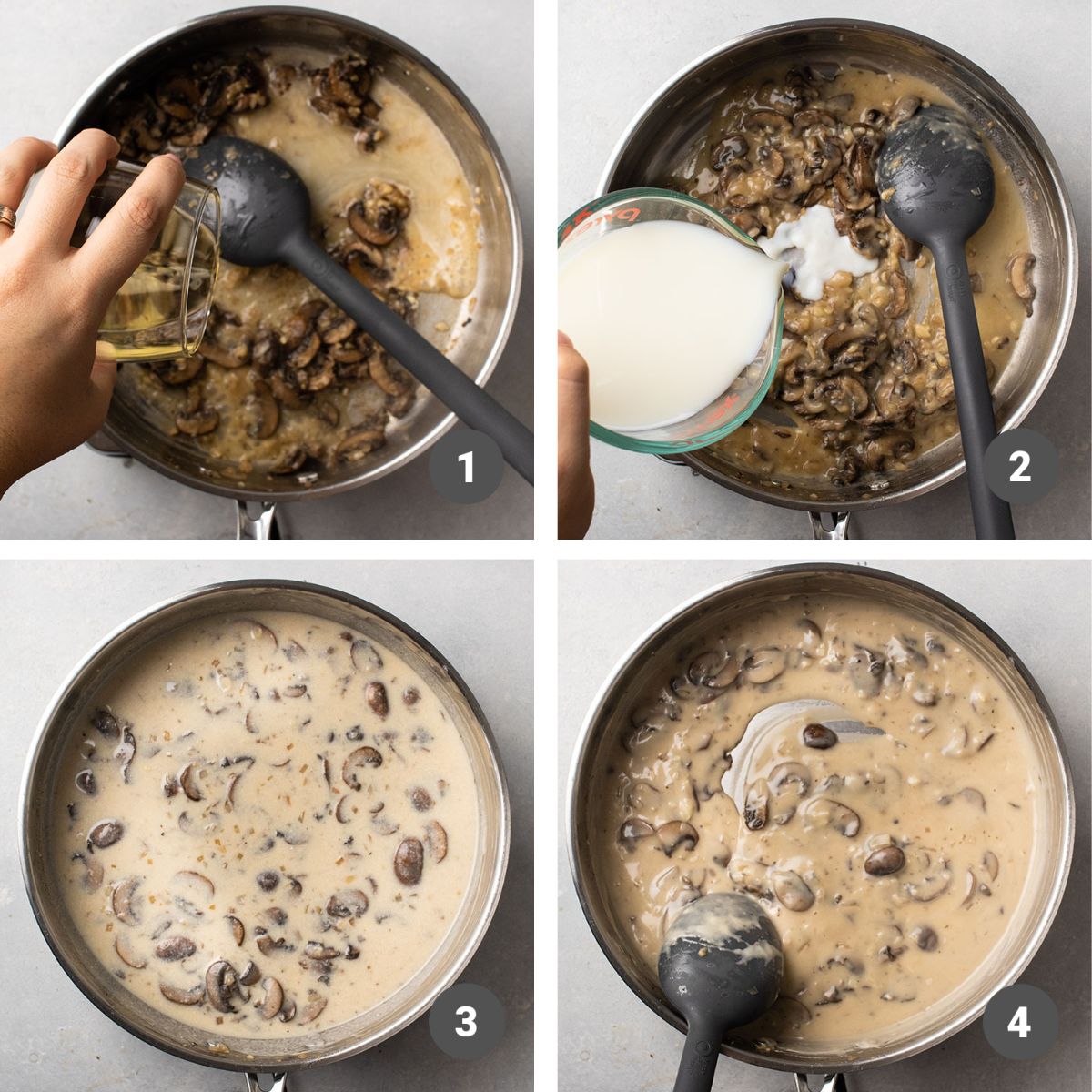 Pouring milk into mushroom mixture.