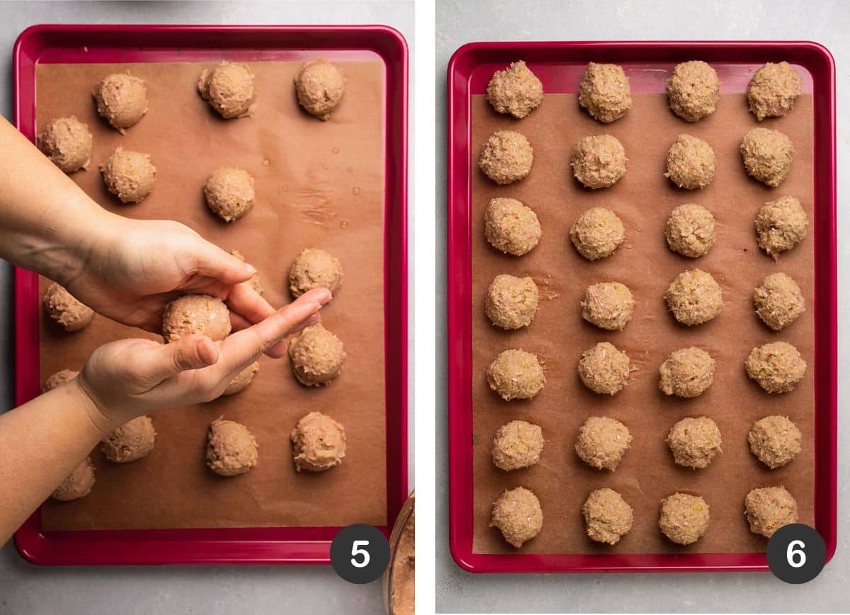 Hands shaping turkey meatballs and placing them on a baking sheet.
