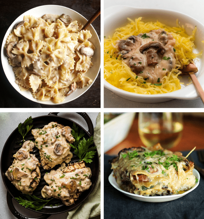 Four serving platters filled with pastas, spaghetti squash, and grilled chicken, each topped with a creamy mushroom sauce.